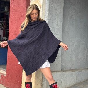 Sea salt Cornwall Navy Lambswool Cable Knit Cowl Neck Poncho